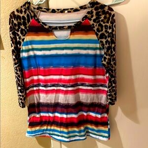 Multicolor Striped Kids Shirt with Leopard Sleeves